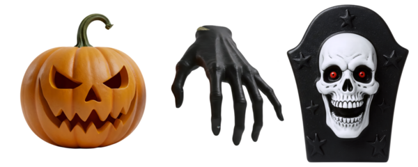 A spooky Halloween set with a carved jack-o'-lantern, a creepy zombie hand, and a grim reaper mask. This collection is perfect for a horror-themed party or haunted house concept.