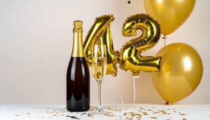 Champagne bottle and glass with number 42. Festive photo for birthday or anniversary party