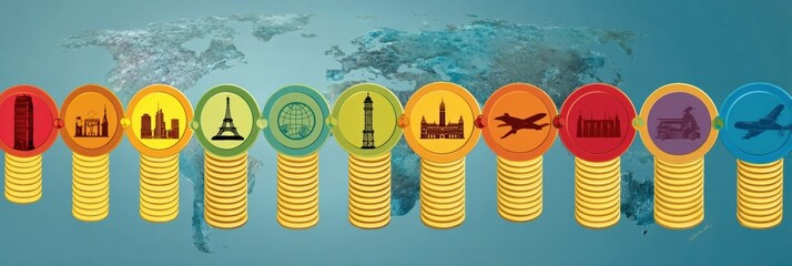 Explore Famous Landmarks and Travel Experiences Through Vibrant Tokens on a World Map Backdrop in a Creative Design