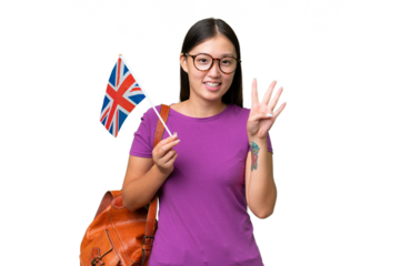 Young Asian woman holding an United Kingdom flag over isolated background happy and counting four with fingers