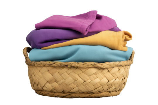 Colorful stack of clean clothes neatly arranged in a wicker basket on a simple background highlighting household organization and laundry day