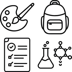 A collection of four simple line art icons representing art, education, and science, including a palette, backpack, checklist, and lab equipment.