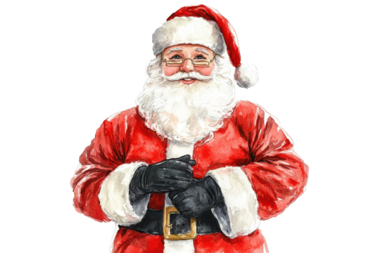 Charming Santa Claus watercolor drawing characterized by a joyful expression and traditional attire, perfect for festive decorations and holiday spirit