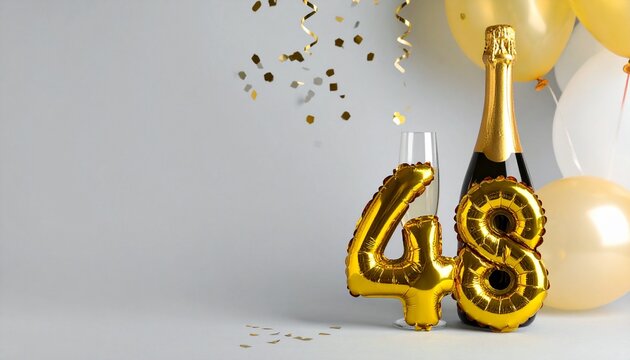 Champagne bottle and glass with number 48. Festive photo for birthday or anniversary party