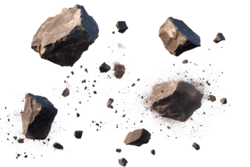 Collection of exploding rock stones scattering debris during a controlled demolition in a quarry site at midday