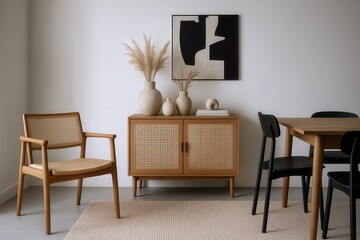 Modern Living Room Interior Featuring Cane Furniture, Abstract Art, and Natural Elements for a Serene Ambiance