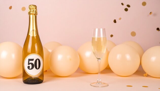 Champagne bottle and glass with number 50. Festive photo for birthday or anniversary party - Powered by Adobe