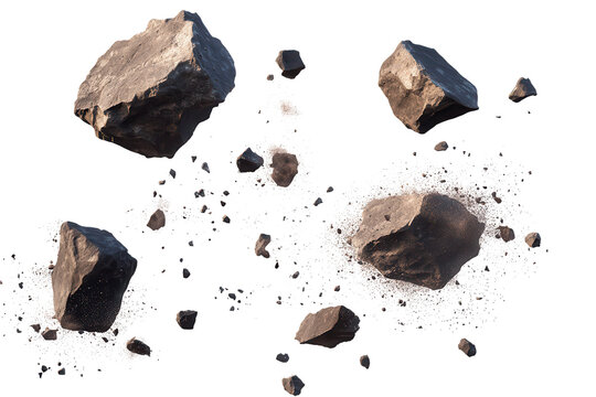 Collection of exploding rock stones scattering debris during a controlled demolition in a quarry site at midday