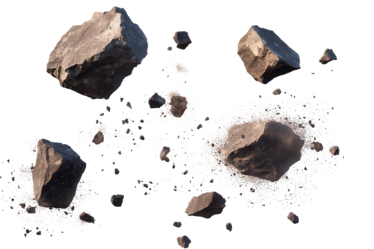 Collection of exploding rock stones scattering debris during a controlled demolition in a quarry site at midday
