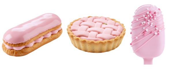 A set of three elegant pink desserts, including an eclair, a fruit tart, and a popsicle. This charming collection showcases a variety of sweet treats from a modern patisserie.