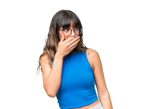 Young caucasian woman over isolated background doing surprise gesture while looking to the side - Powered by Adobe