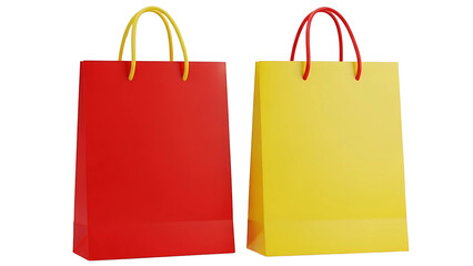 Red and yellow shopping bags on white background for retail and consumer purchases and gifts and merchandise on transparent background