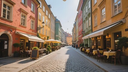 Cobblestone Street with Colorful Buildings and Outdoor Cafes