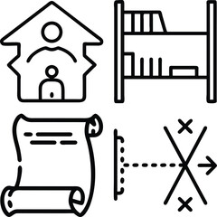 A collection of four minimalist line art icons depicting a house with people, a bookshelf, a rolled scroll, and a directional arrow.