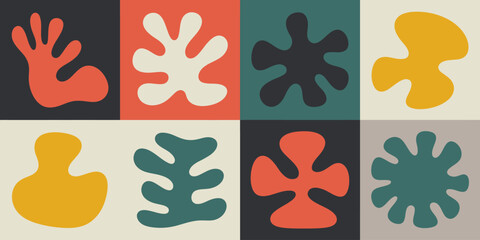 Abstract shapes in a grid with various colors including orange white black yellow and green tones art