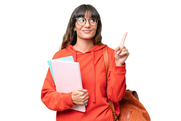 Young student caucasian woman over isolated background pointing up a great idea