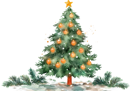 Whimsical Christmas tree illustration with orange ornaments and snowy decor in a colorful watercolor style