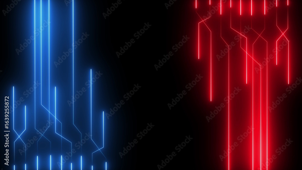 Poster abstract digital circuit design with glowing blue and red lines on a black background representing d