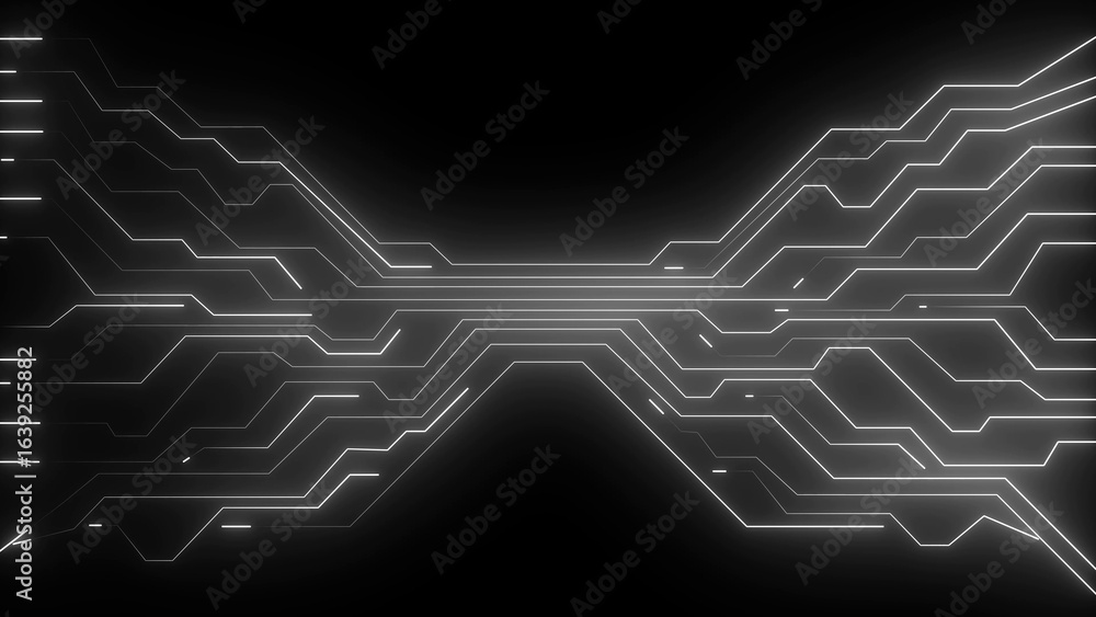 Poster abstract glowing white circuit board lines on a black background forming a symmetrical design with t