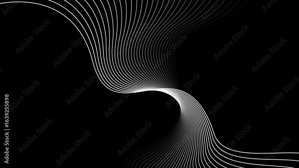 Aufkleber abstract graphic design with white curved lines on a black background creating a flowing wave patter