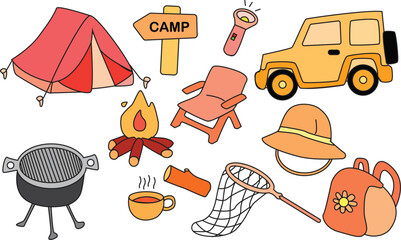 PrintColorful Vector Illustration of Camping Equipment and Outdoor Adventure Gear for Travel, Hiking, and Nature Exploration Designs