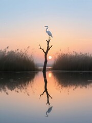 Obraz premium Egret Standing On Withered Tree, Dusk Reed Marsh, Poetic Scenery With Water Reflection