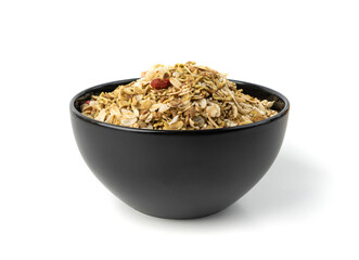 Muesli isolated. Crunchy granola with cereal mix, oat flakes, dry fruits, berries and fiber