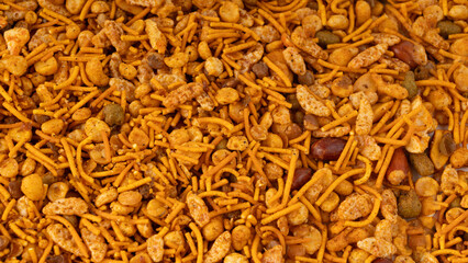 Navrattan namkeen mixture. Indian nimko snack, spicy and sweet farsaan