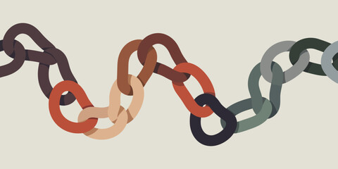A wavy chain illustration featuring links in various shades of brown, gray, and orange on a light background