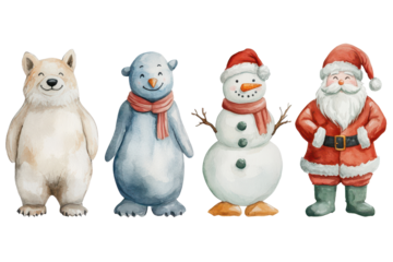 Colorful set of watercolor characters featuring a cute polar bear, cheerful penguin, classic snowman, and jolly Santa Claus in festive attire