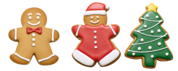 A collection of three classic Christmas gingerbread cookies: a gingerbread man, a Santa Claus, and a Christmas tree. This sweet set is a perfect representation of traditional holiday baking.