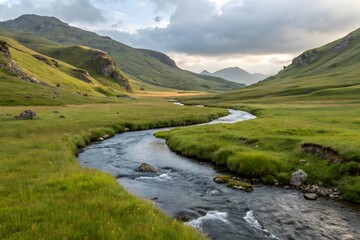 Meandering stream through lush green valley with majestic mountains