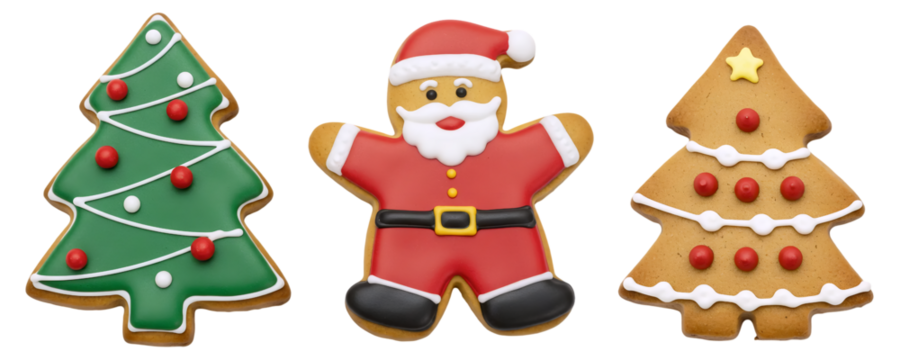 A festive set of three decorated Christmas cookies, featuring a Christmas tree, a Santa Claus, and another tree. This charming collection of sweet treats is perfect for the holiday season.