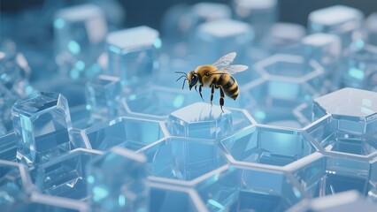 A bee hovers over a futuristic hexagonal grid structure with a blue, crystalline appearance.