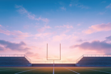 Empty high school bleachers and goalposts at dusk with soft pastel sky