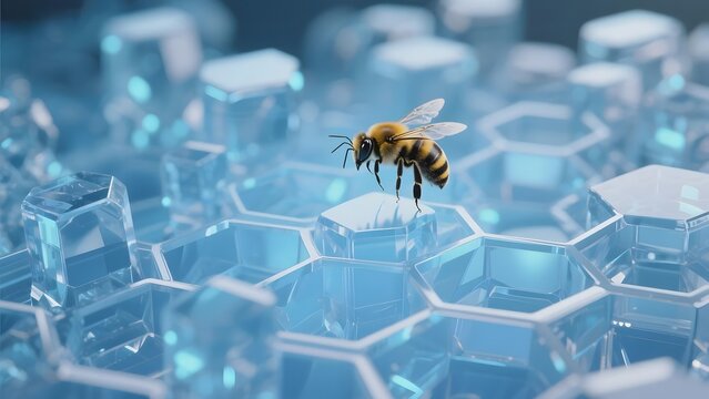 A bee hovers over a futuristic hexagonal grid structure with a blue, crystalline appearance.