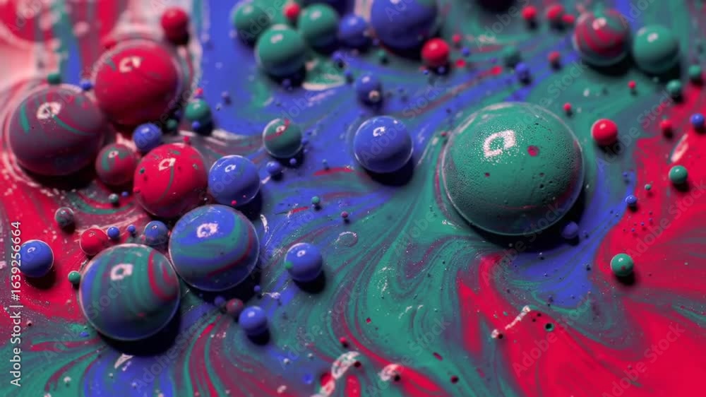 Poster a vibrant abstract composition featuring colorful spheres and swirling liquid textures creating a dy