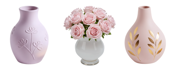 A beautiful home decor set of three pastel vases, two containing pink roses. This elegant collection is perfect for interior design, home decorating, and floral arrangement themes.