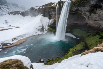 Majestic seljalandsfoss waterfall in iceland during winter with snow