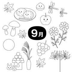 September Seasonal Outline Illustration Set with Autumn Foods, Flowers, and Moon Viewing