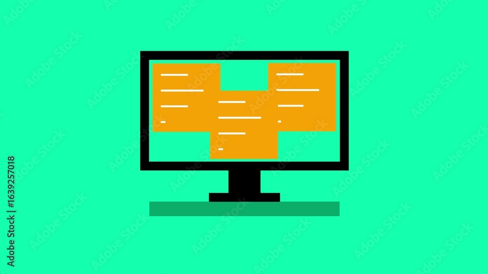 Poster computer monitor with orange sticky notes and white lines on a turquoise background