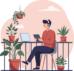 A man with headphones works on a laptop and tablet while sitting on a balcony surrounded by potted plants.