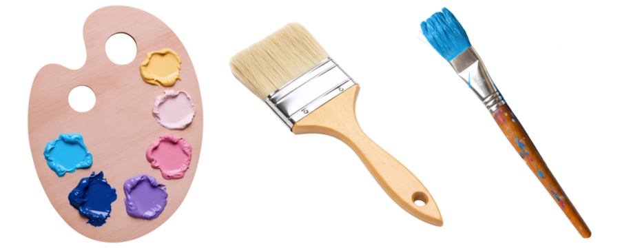 A simple set of painting supplies, featuring a wooden palette with oil paints, a large paintbrush, and a flat brush. This collection represents the basic tools for an artist to start creating.
