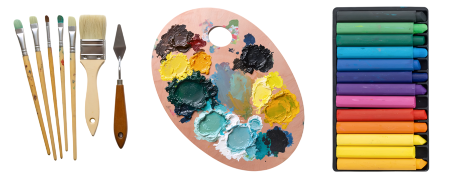 A colorful set of art supplies, with various paintbrushes, a wooden palette with mixed paints, and a box of oil pastels. Perfect for inspiring creativity, painting, and artistic projects.