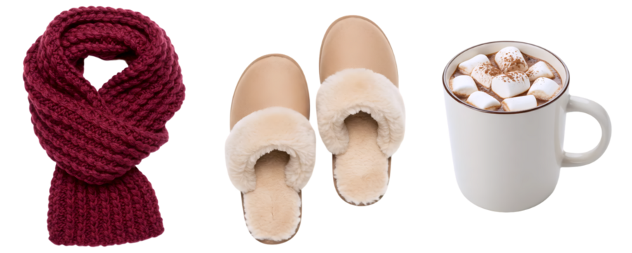 A perfect set for a cozy day indoors, with a red knitted scarf, soft slippers, and a mug of hot chocolate. This collection embodies the feeling of warmth, comfort, and relaxation. - Powered by Adobe