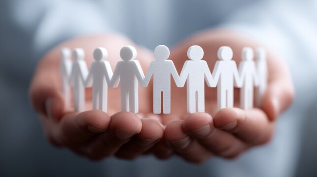 Hands holding paper figures representing community and support in a collaborative effort for social unity