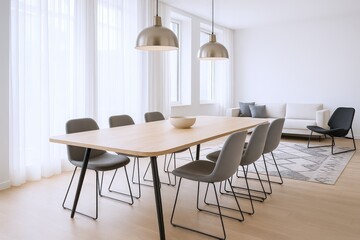Modern Dining Room with Natural Wood Table, Grey Upholstered Chairs, and Minimalist Sofa Arrangement