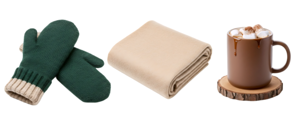 A collection of warm winter essentials, including green knitted mittens, a folded beige blanket, and a mug of hot chocolate. This set represents a cozy and comfortable "hygge" lifestyle.