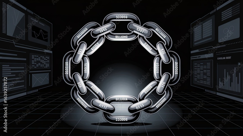 Poster blockchain security: a digitally rendered chain with metallic links symbolizes the robust structure 