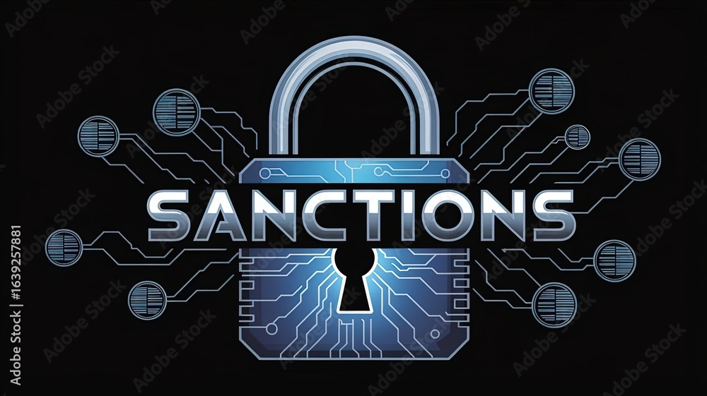 Poster cyber security sanctions: a powerful visual of a digital padlock with the word sanctions prominently